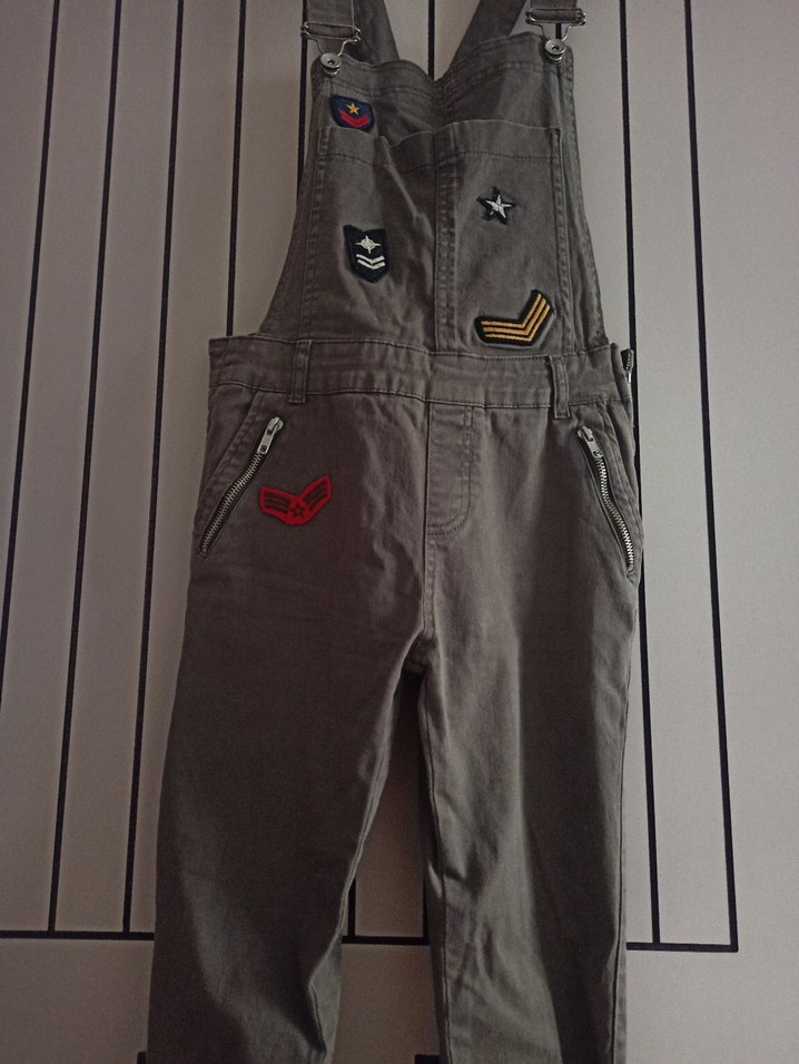 Koyu Yeşil Nakışlı Kadın Uzun Denim Tulum - Görsel 3