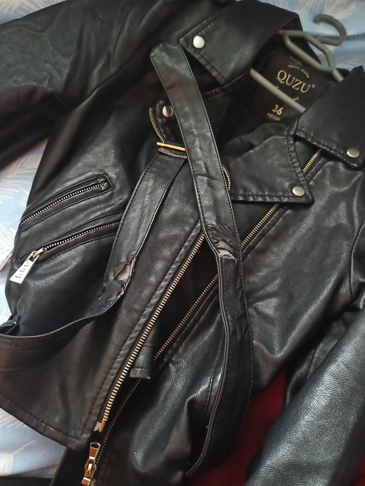 Kadın Siyah Deri Biker Ceket QUZU - Görsel 4