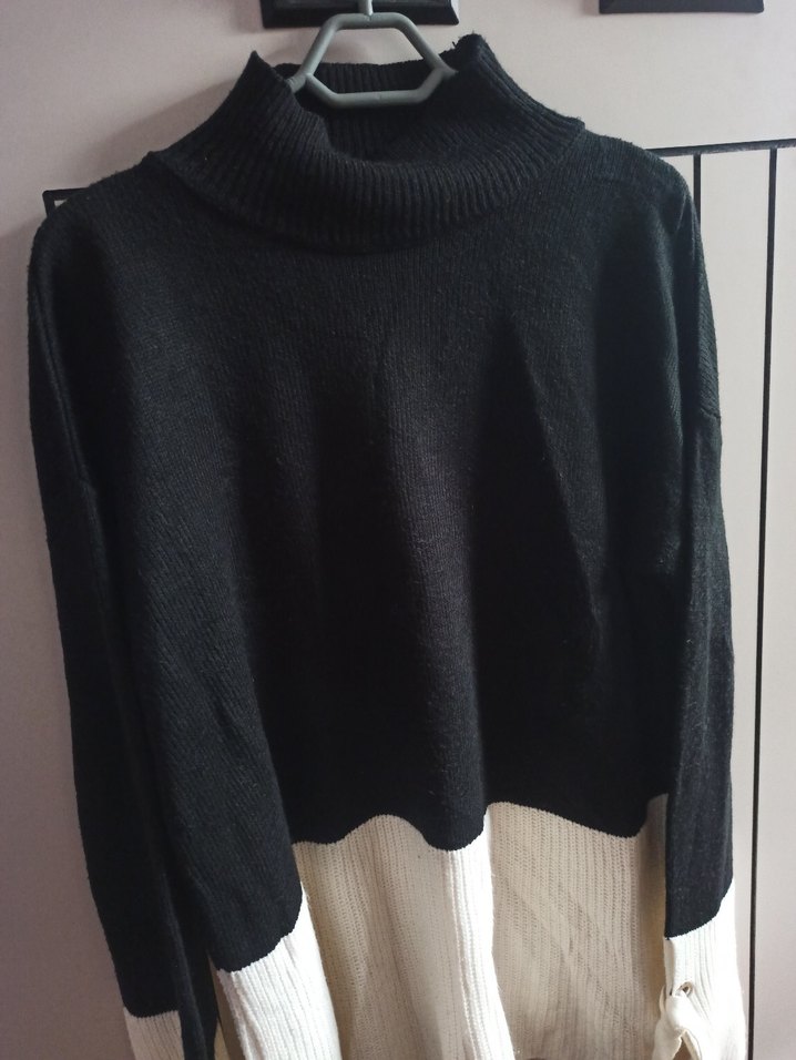 Siyah-Beyaz  Bol Kesim Triko Kazak - Görsel 3