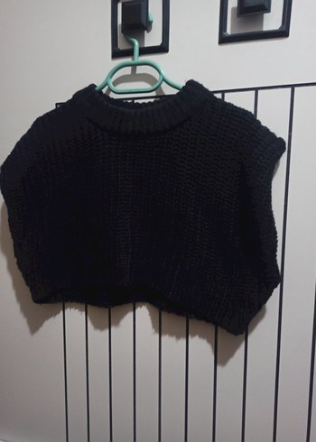 Siyah Örgü Kolsuz Mini Kadın Kazak - Görsel 2