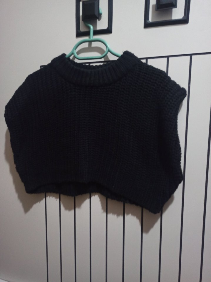 Siyah Örgü Kolsuz Mini Kadın Kazak - Görsel 2