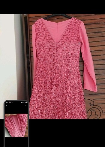 Uzun Kollu Pembe Kadın Abiye Elbise - Görsel 6