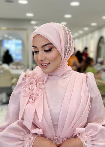 Pembe Drapeli Uzun Tesettür Abiye - Görsel 3