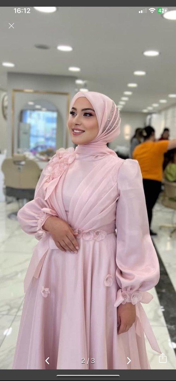 Pembe Drapeli Uzun Tesettür Abiye - Görsel 2