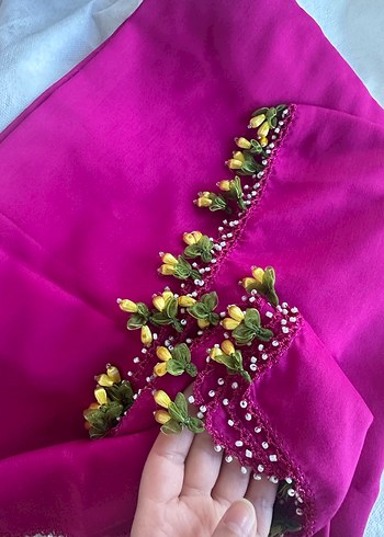 Boncuk İşlemeli Pembe Bohem Kadın Şal - Görsel 3