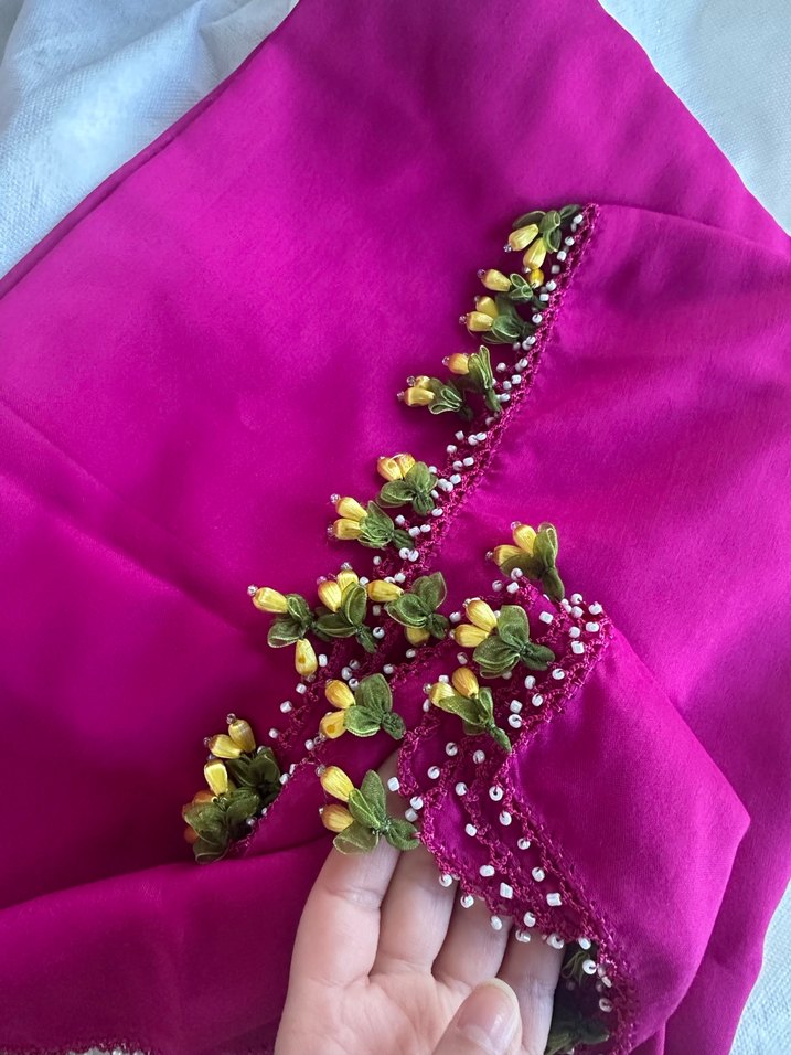 Boncuk İşlemeli Pembe Bohem Kadın Şal - Görsel 3