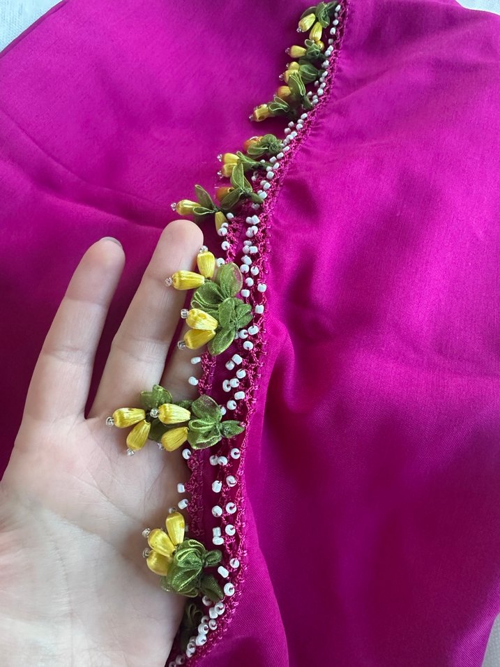 Boncuk İşlemeli Pembe Bohem Kadın Şal - Görsel 2