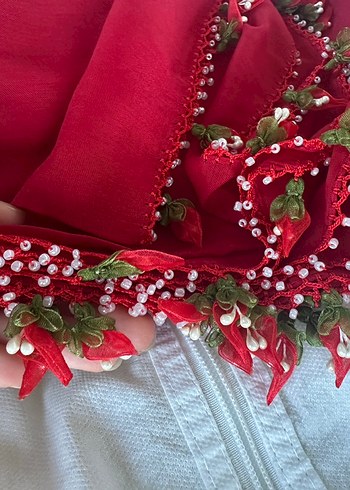 Kırmızı Fırfırlı Bohem Kadın Şal El emeği çeyizlik hiç kullanılm - Görsel 3