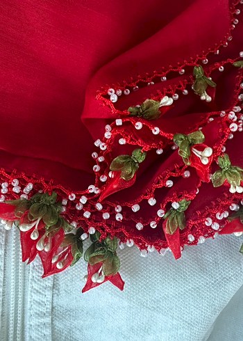 Kırmızı Fırfırlı Bohem Kadın Şal El emeği çeyizlik hiç kullanılm - Görsel 2