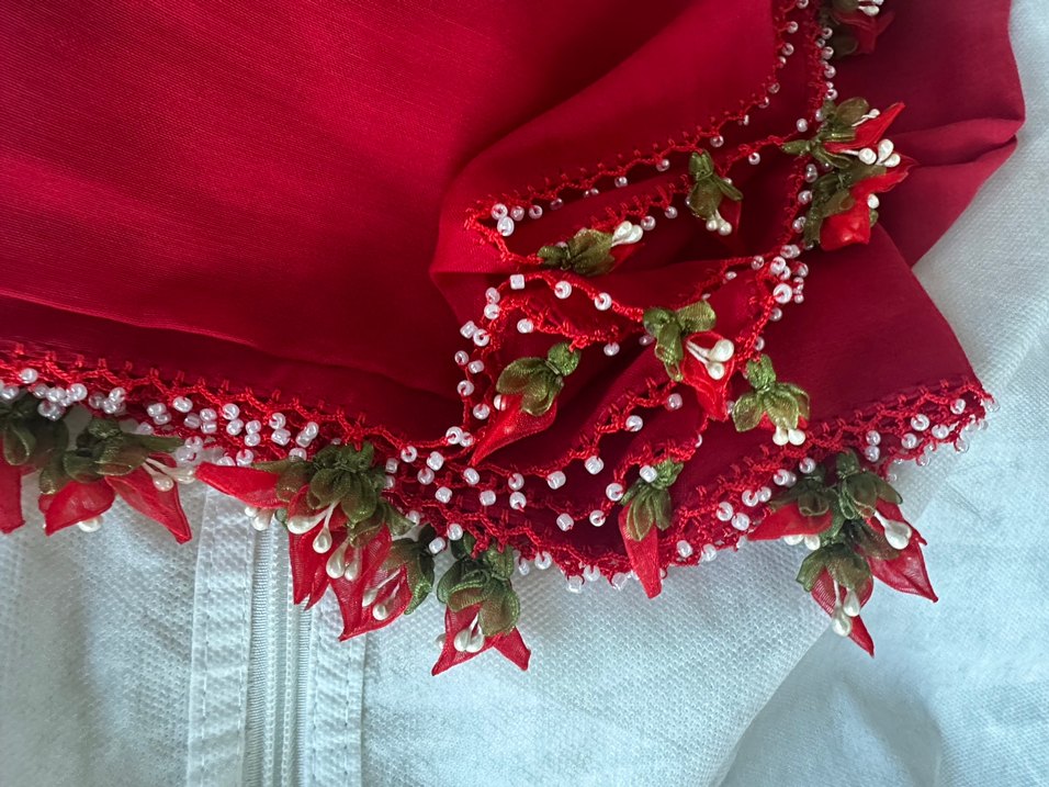 Kırmızı Fırfırlı Bohem Kadın Şal El emeği çeyizlik hiç kullanılm - Görsel 2