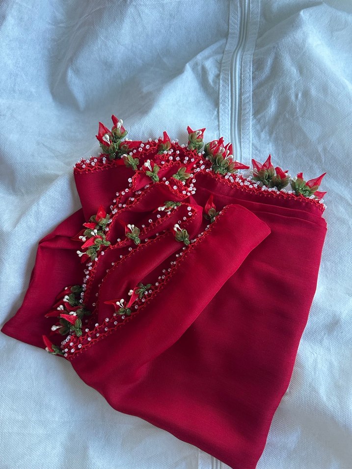 Kırmızı Fırfırlı Bohem Kadın Şal El emeği çeyizlik hiç kullanılm - Görsel 5