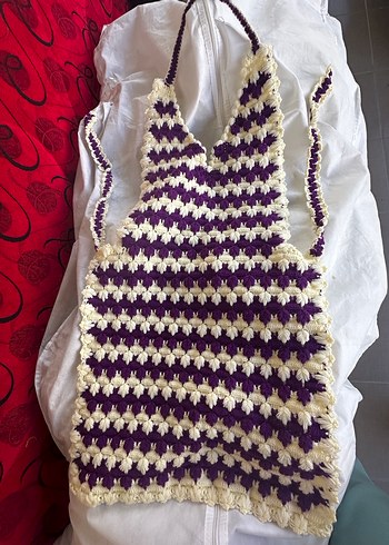 Mor Beyaz Örgü Mutfak Önlüğü - Görsel 5