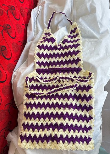 Mor Beyaz Örgü Mutfak Önlüğü - Görsel 2