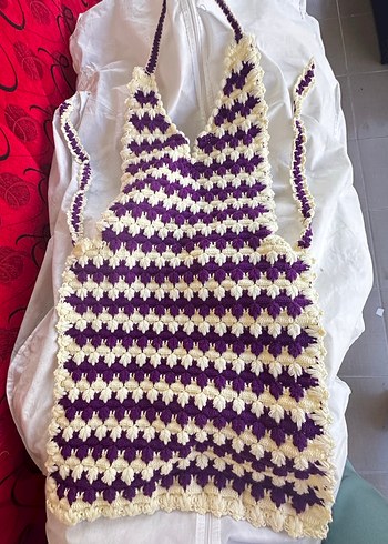 Mor Beyaz Örgü Mutfak Önlüğü - Görsel 4