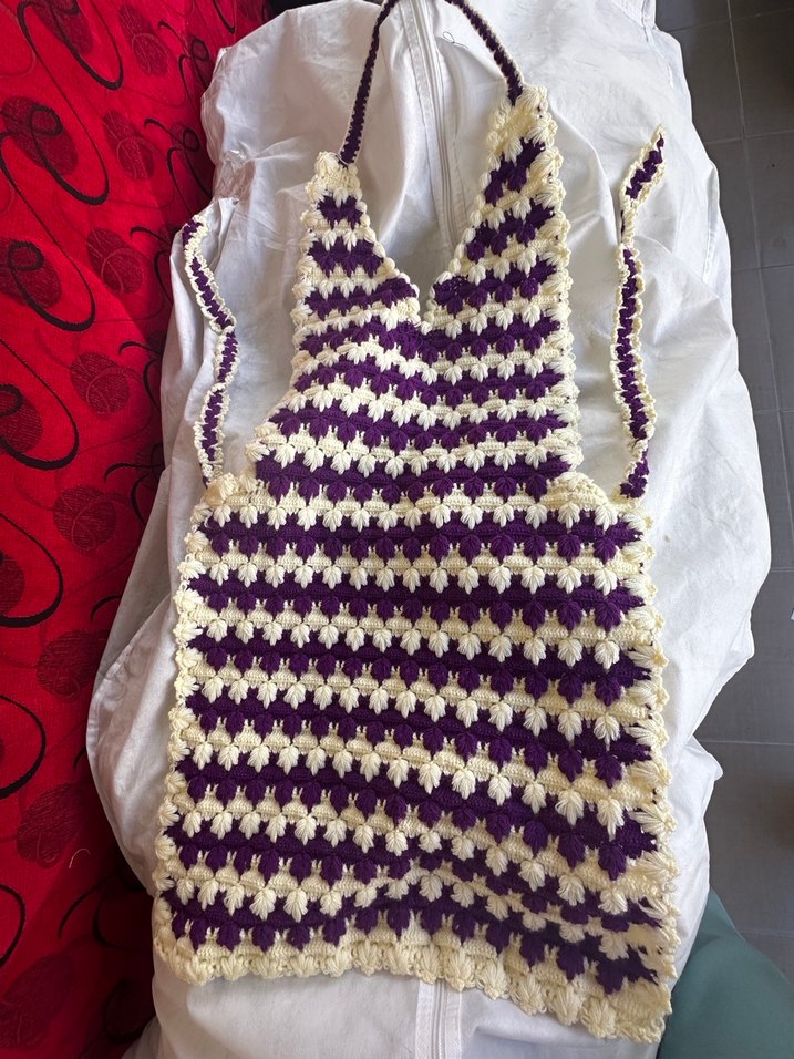 Mor Beyaz Örgü Mutfak Önlüğü - Görsel 5