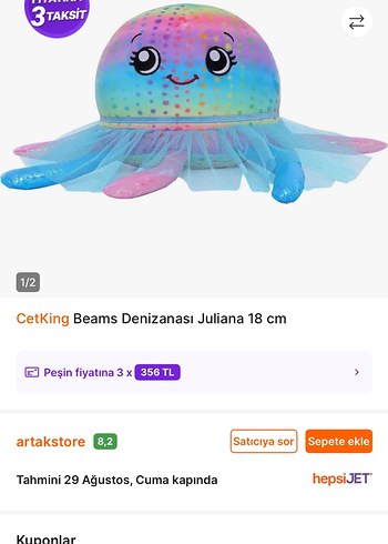 CetKing Beams Juliana Denizanası Peluş 18 cm