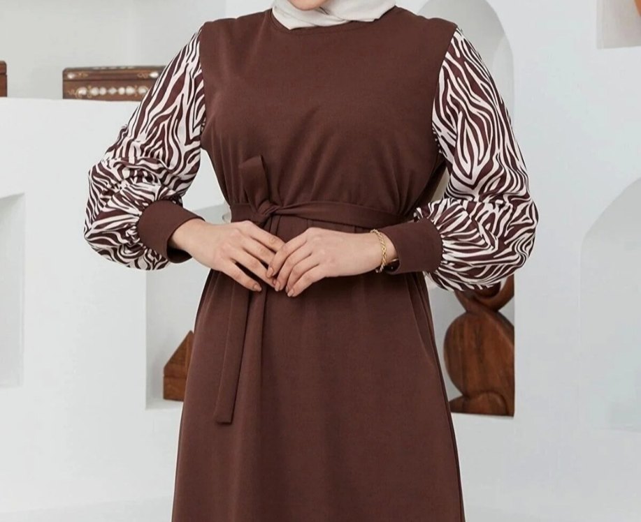 Kahverengi Zebra Desenli Uzun Elbise - Görsel 3