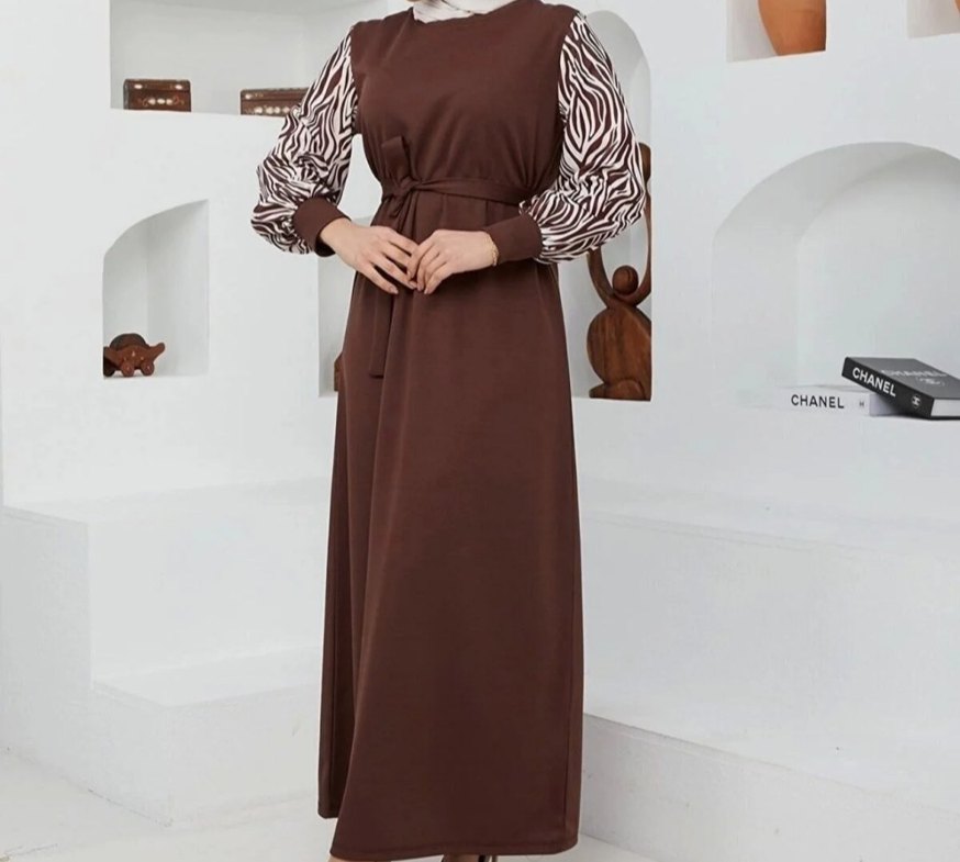 Kahverengi Zebra Desenli Uzun Elbise - Görsel 2