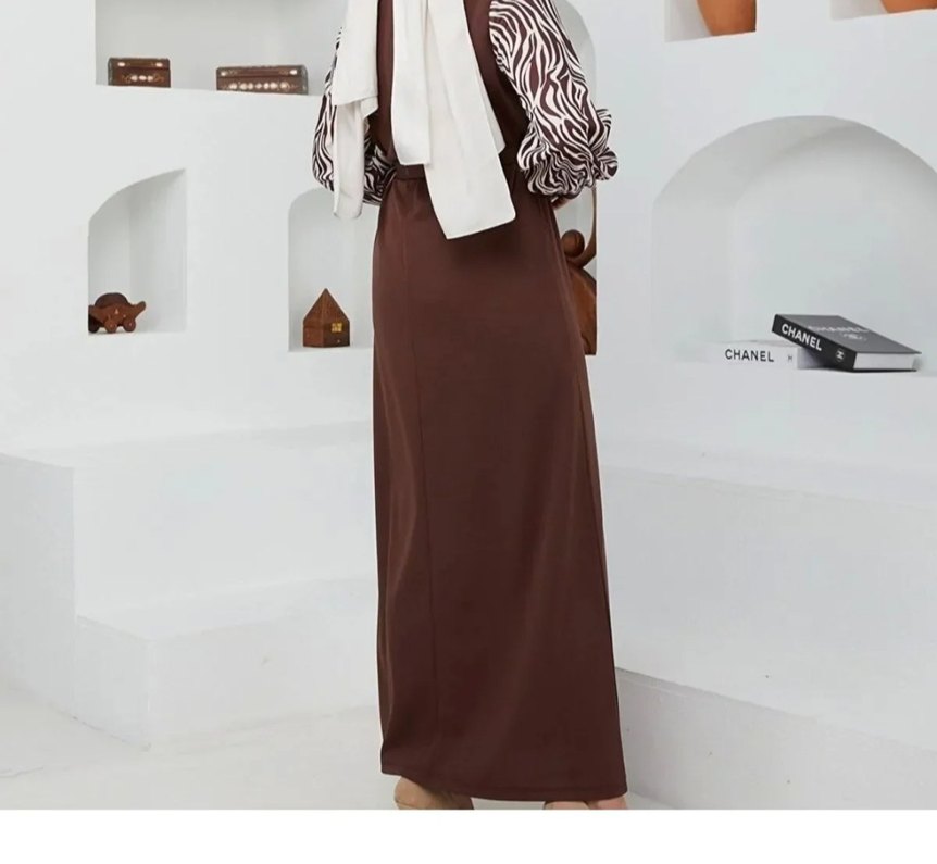 Kahverengi Zebra Desenli Uzun Elbise - Görsel 4