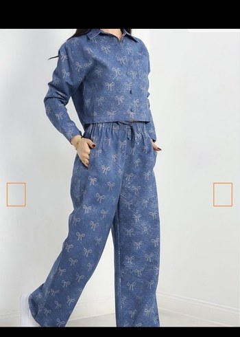 Diğer Mavi Bağlamalı Desenli Denim Takım