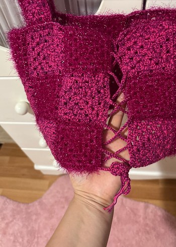 Parlak Pembe Örgü Kız Crop Top - Görsel 3