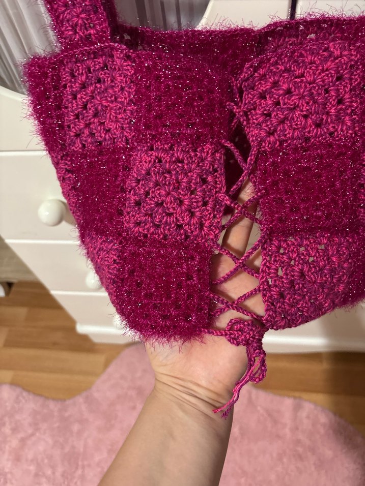 Parlak Pembe Örgü Kız Crop Top - Görsel 3