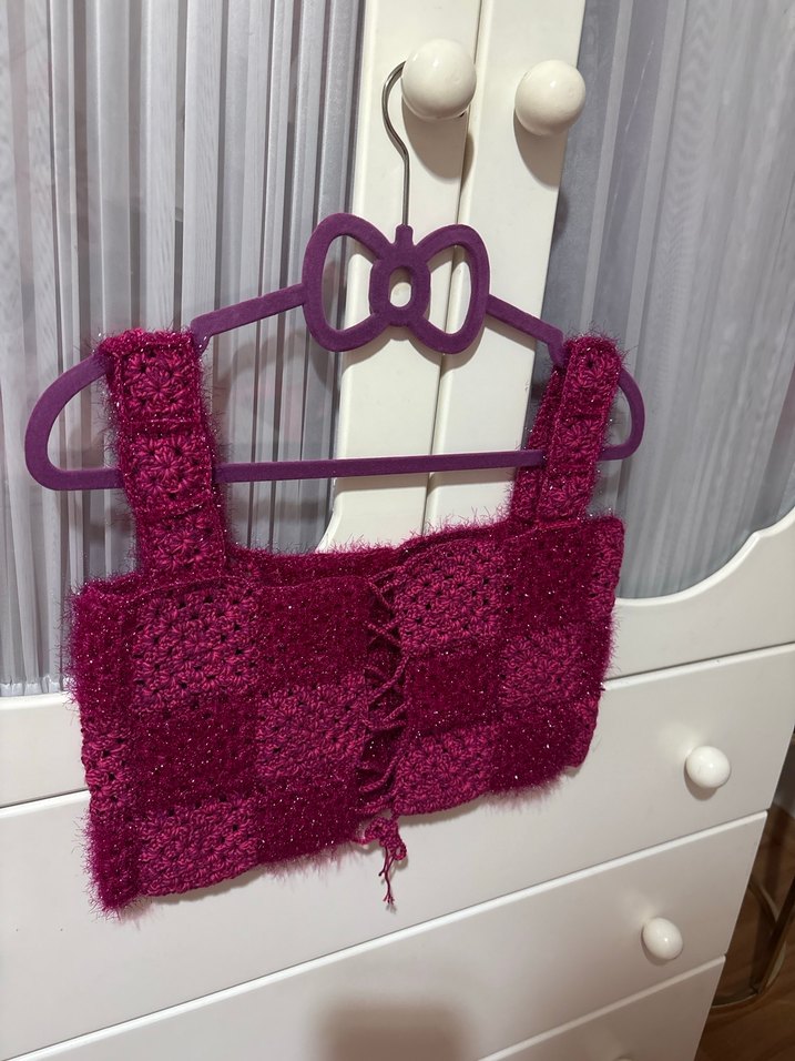 Parlak Pembe Örgü Kız Crop Top - Görsel 2