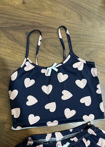 Diğer Diger Kadın Mavi Kalp Desenli Mini Pijama Takımı