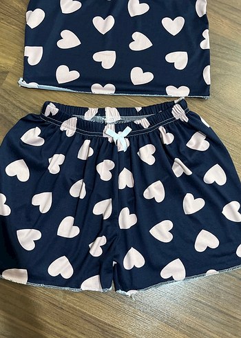 l Beden Diger Kadın Mavi Kalp Desenli Mini Pijama Takımı