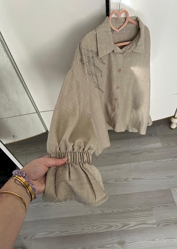 Nakışlı Bej Keten Kadın Gömlek - Görsel 2