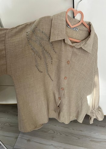 Nakışlı Bej Keten Kadın Gömlek - Görsel 3