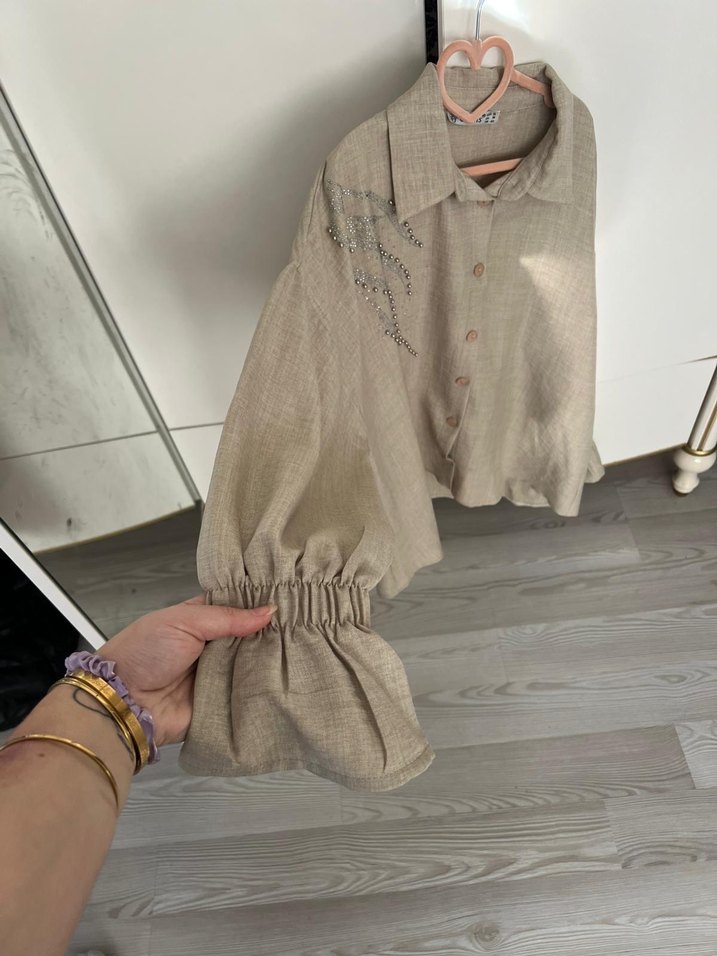 Nakışlı Bej Keten Kadın Gömlek - Görsel 2