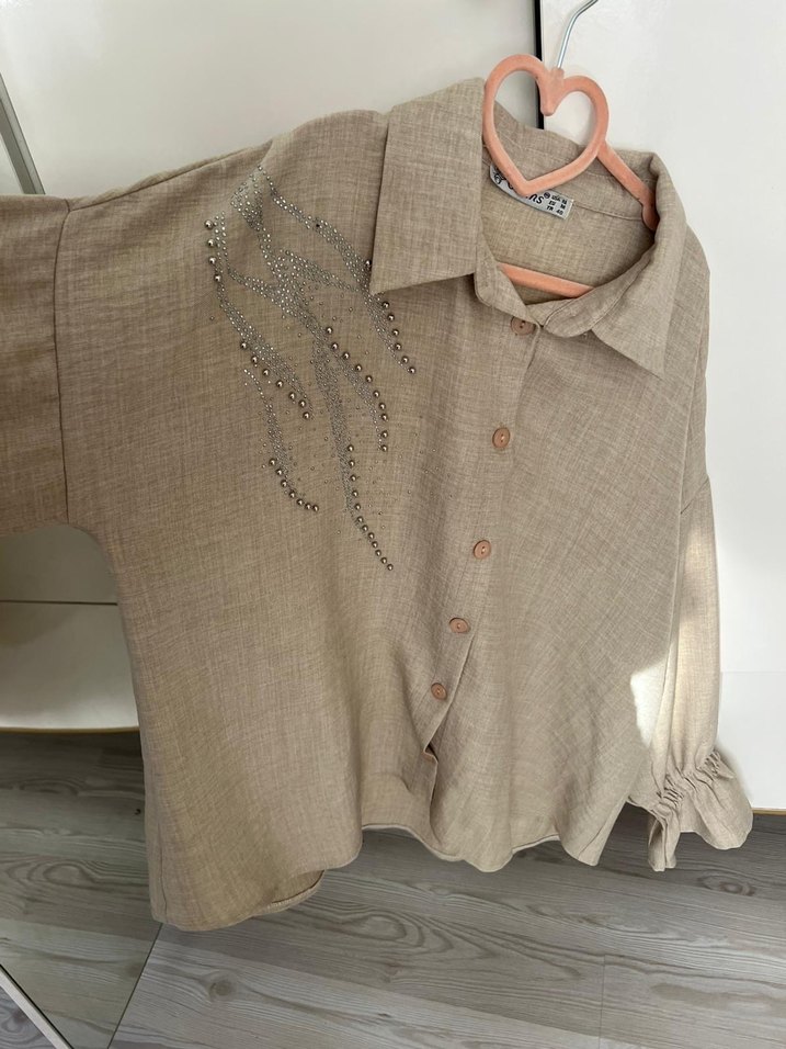 Nakışlı Bej Keten Kadın Gömlek - Görsel 3