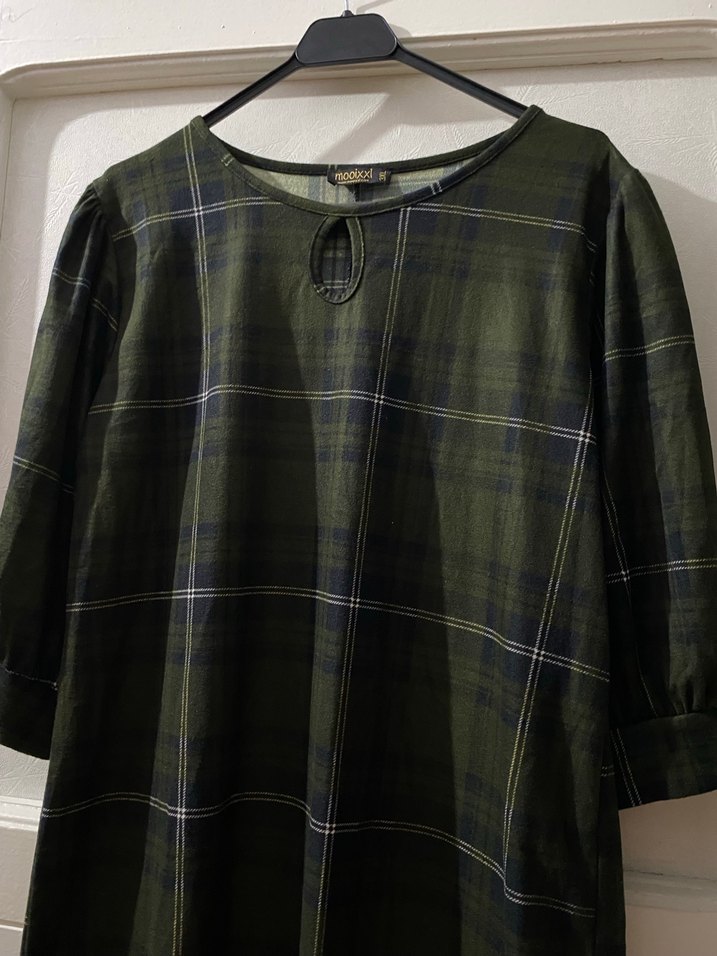 Kadın Haki Ekose Midi Elbise - Görsel 3