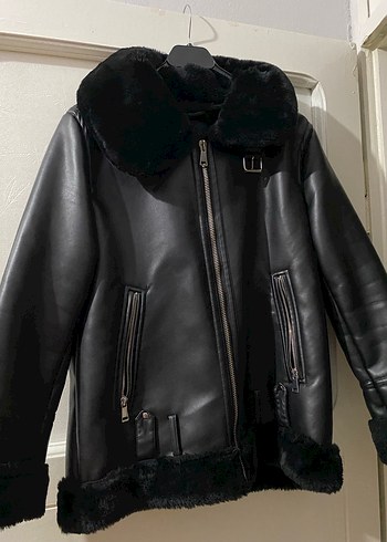 Kürk Detaylı Siyah Deri Biker Ceket - Görsel 2