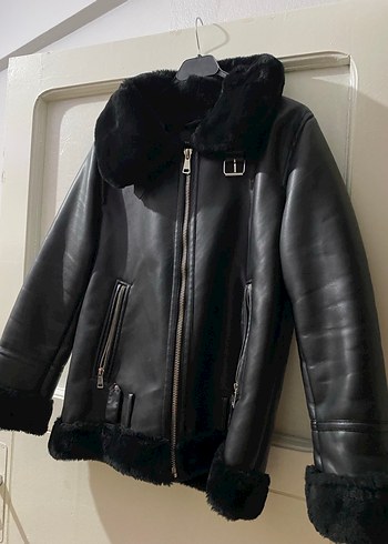 Kürk Detaylı Siyah Deri Biker Ceket - Görsel 3