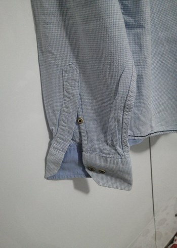 Düğmeli Mavi Keten Erkek Gömlek - Görsel 5