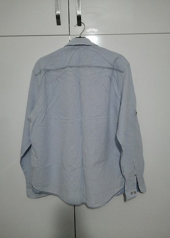 Düğmeli Mavi Keten Erkek Gömlek - Görsel 3