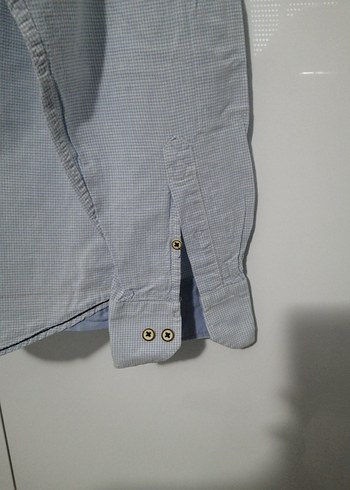 Düğmeli Mavi Keten Erkek Gömlek - Görsel 4