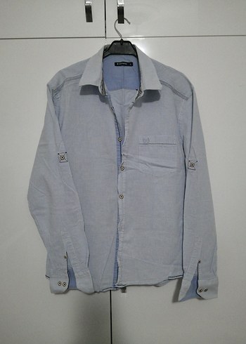 Düğmeli Mavi Keten Erkek Gömlek - Görsel 2