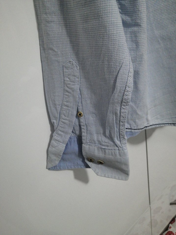 Düğmeli Mavi Keten Erkek Gömlek - Görsel 5