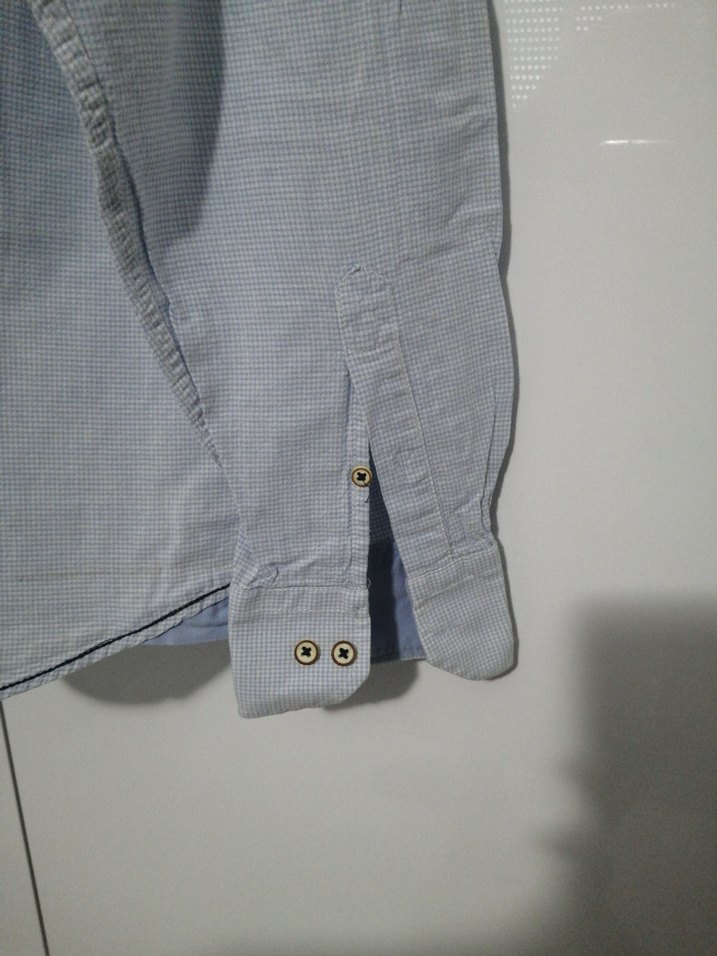 Düğmeli Mavi Keten Erkek Gömlek - Görsel 4