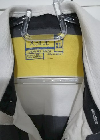 Düğmeli Çizgili Sarı Gri Polo Tişört - Görsel 3