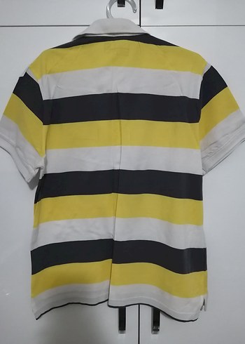 Düğmeli Çizgili Sarı Gri Polo Tişört - Görsel 2