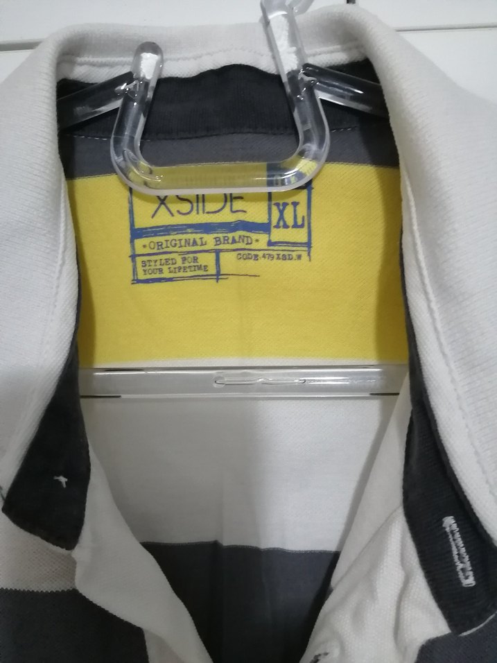 Düğmeli Çizgili Sarı Gri Polo Tişört - Görsel 3