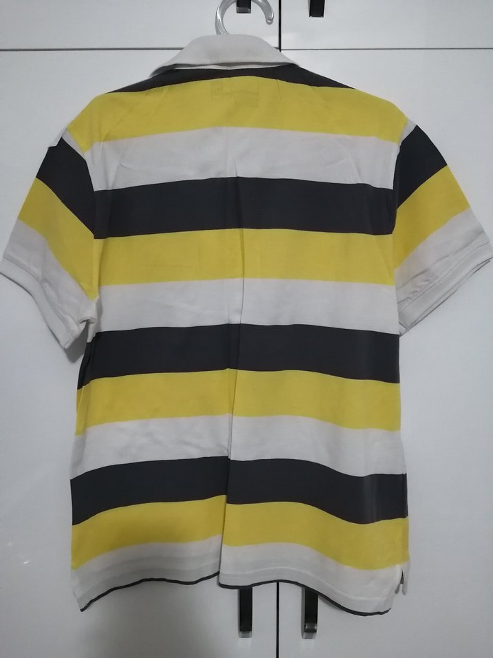 Düğmeli Çizgili Sarı Gri Polo Tişört - Görsel 2