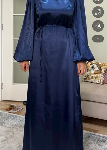 Lacivert Uzun Drapeli Kadın Elbise - Görsel 3
