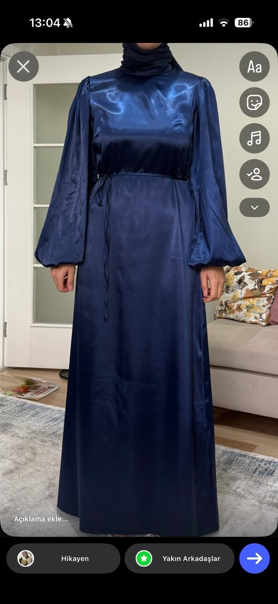 Lacivert Uzun Drapeli Kadın Elbise - Görsel 3