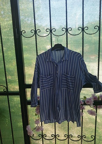 Düğmeli Mavi Çizgili Keten Uzun Kollu Gömlek - Görsel 2