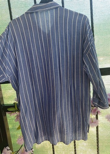 Düğmeli Mavi Çizgili Keten Uzun Kollu Gömlek - Görsel 4